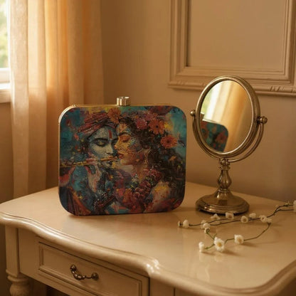 Indian Ethnic Designer Blue Clutch with Radha Krishna Portrait
