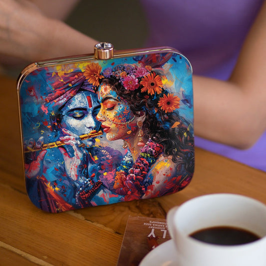 Indian Ethnic Designer Blue Clutch with Radha Krishna Portrait