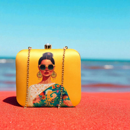 Indian Ethnic Designer Clutch with Lady Portrait Wearing Sunglasses & Jumkas