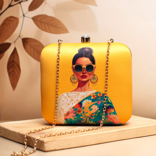 Indian Ethnic Designer Clutch with Lady Portrait Wearing Sunglasses & Jumkas
