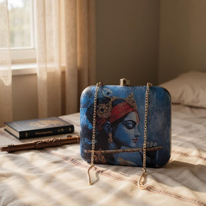 Indian Ethnic Designer Blue Clutch with Krishna with Bansuri Portrait