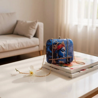 Indian Ethnic Designer Blue Clutch with Krishna with Bansuri Portrait