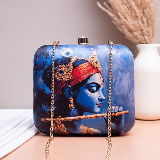 Indian Ethnic Designer Blue Clutch with Krishna with Bansuri Portrait