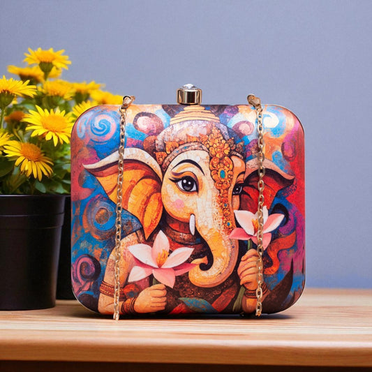 Indian Ethnic Designer Box Clutch with Lord Ganesha with Flower Design