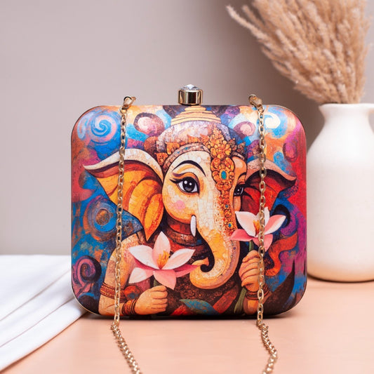 Indian Ethnic Designer Box Clutch with Lord Ganesha with Flower Design