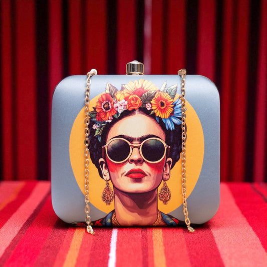 Indian Ethnic Designer Clutch with Lady Portrait Wearing Goggles & Floral Crown