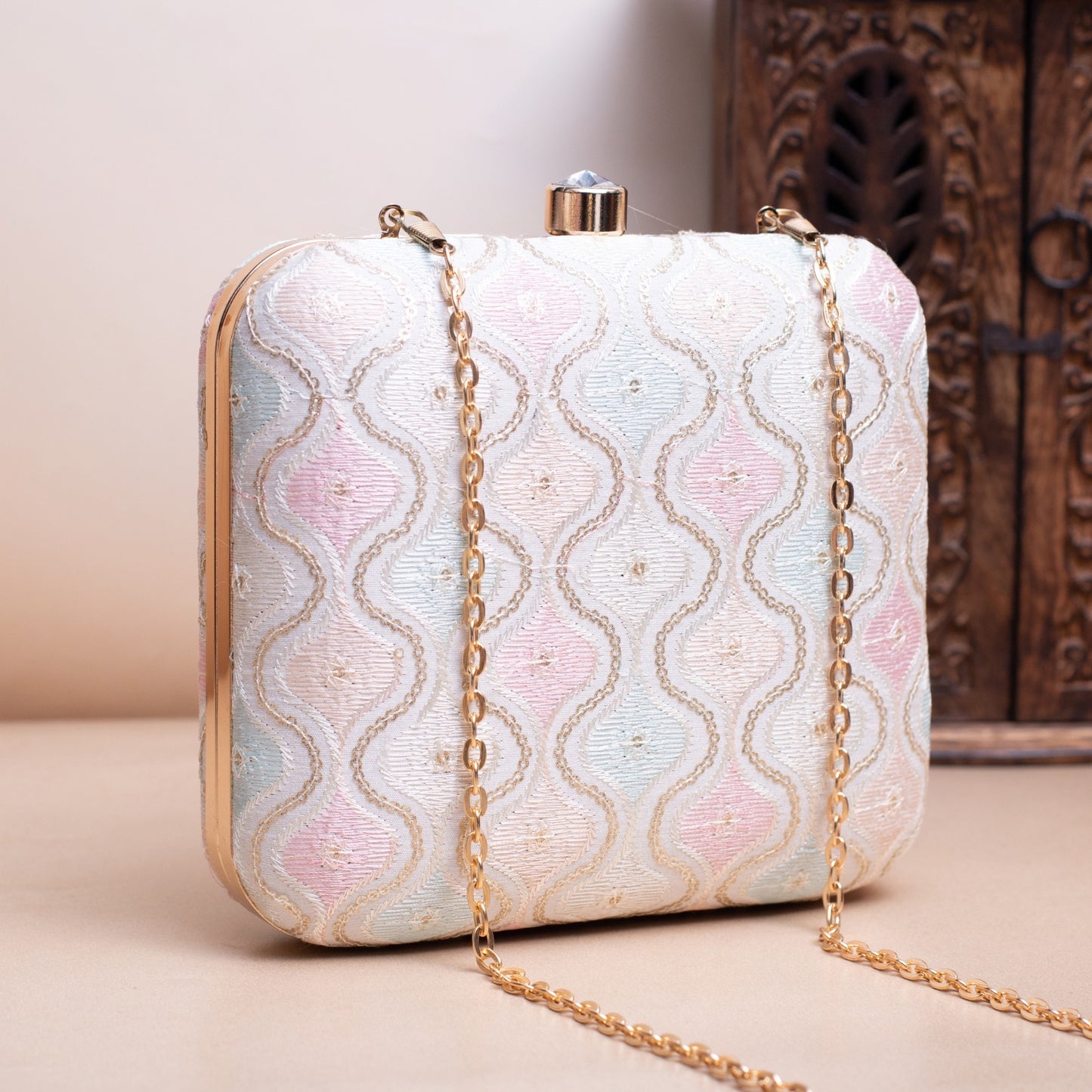 Indian Ethnic Designer White Chikankari Clutch with Wave Design