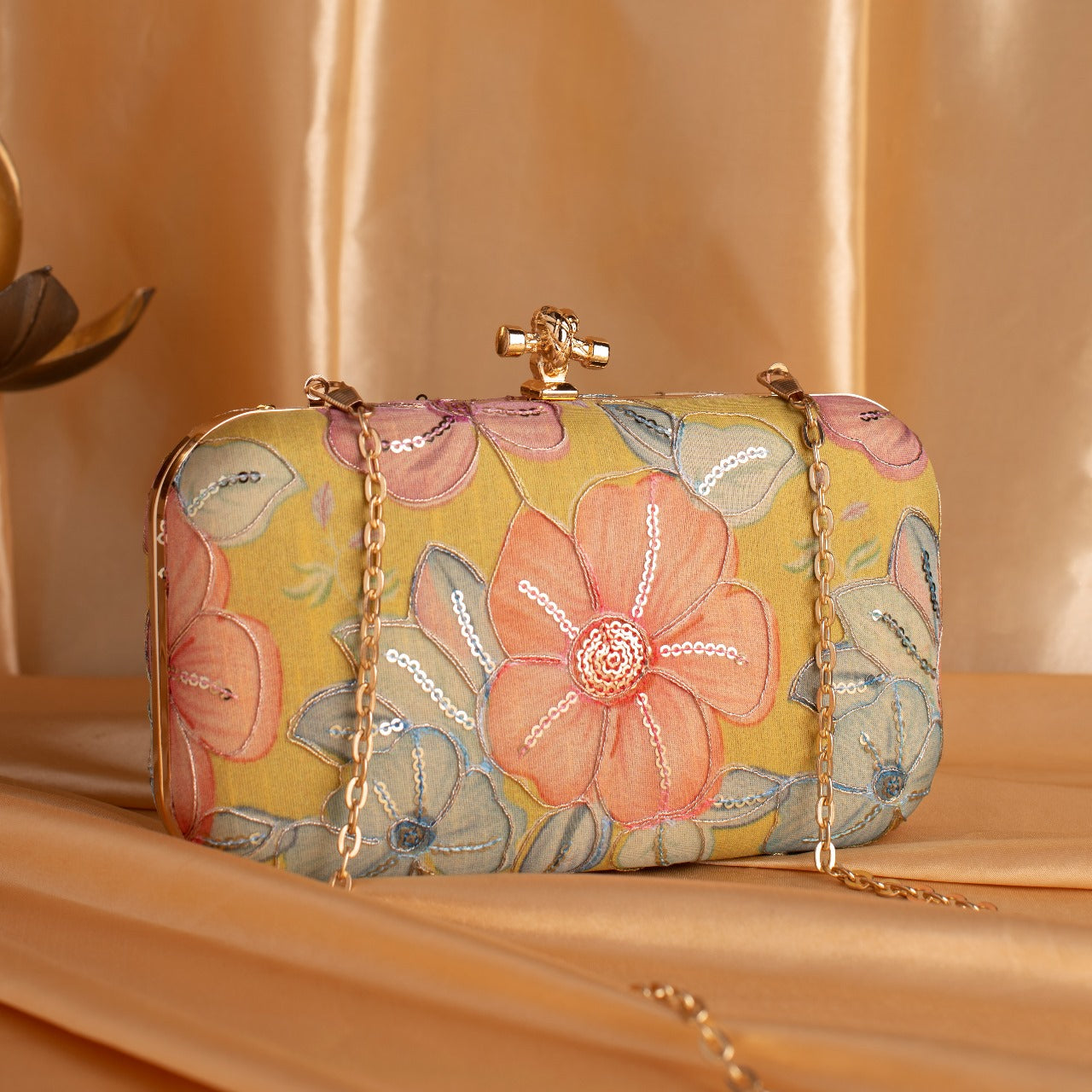 Indian Ethnic Designer Clutch with Ethnic Embroidery of Flower Design