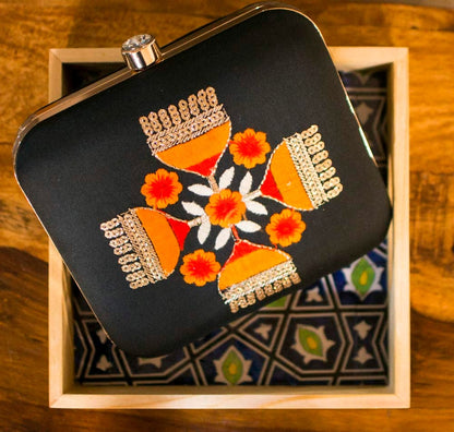 Exclusive Black Box Clutch with Embroidery