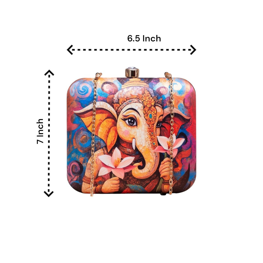 Indian Ethnic Designer Box Clutch with Lord Ganesha with Flower Design