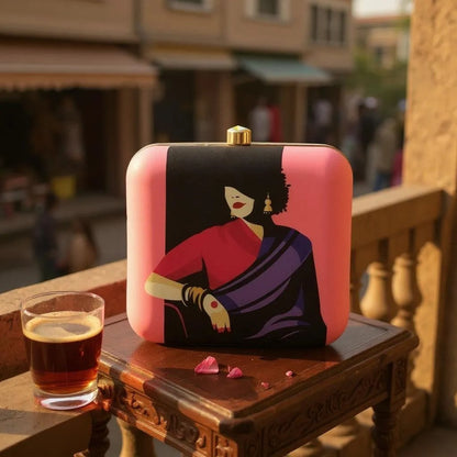 Indian Ethnic Designer Pink Clutch with Women Portrait in Purple Saree