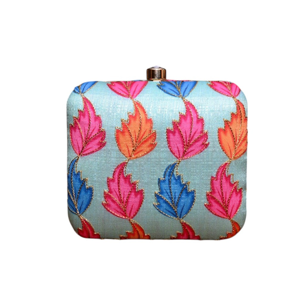 Indian Ethnic Designer Pastel Blue Clutch with Multicolored Leaf Design