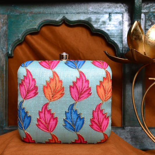 Indian Ethnic Designer Pastel Blue Clutch with Multicolored Leaf Design