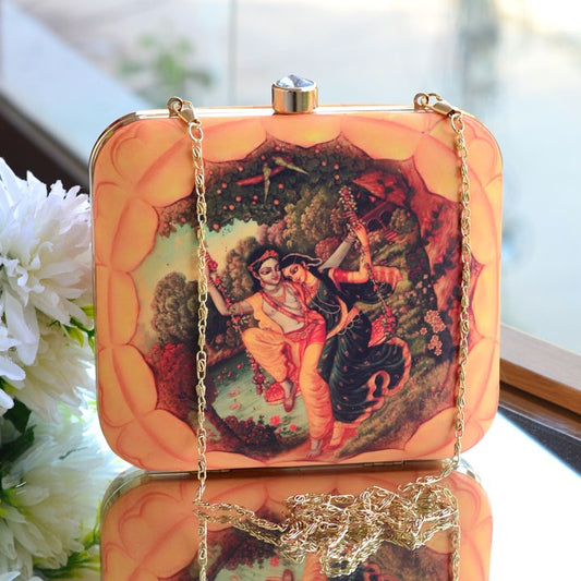 Indian Ethnic Designer Clutch with Radha Krishna on Swing Portrait