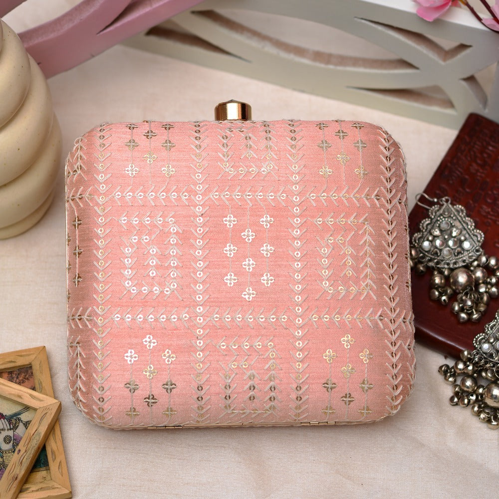 Indian Ethnic Designer Peach Clutch with Chikankari Work