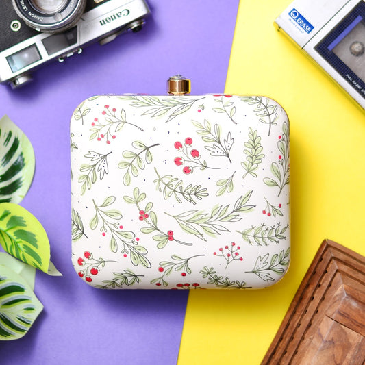 Indian Ethnic Designer Cream Clutch with Cherry & leaf Design