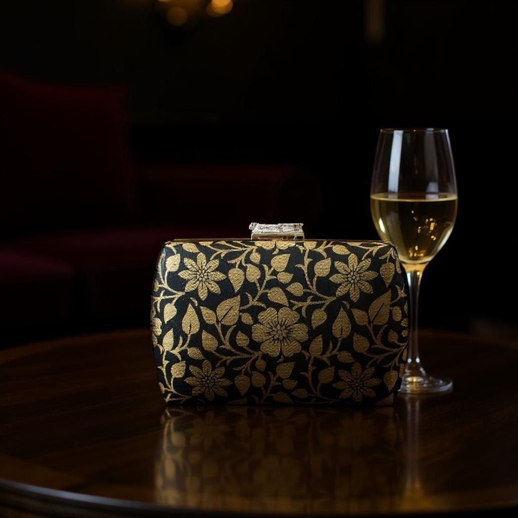 Exclusive Black Clutch with Golden Floral Design