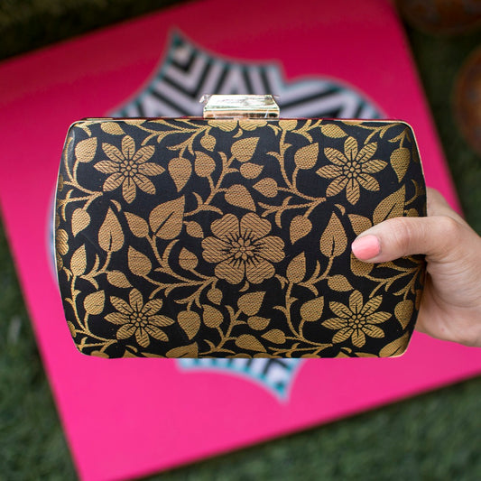 Indian Ethnic Designer Black Clutch with Golden Flower Design