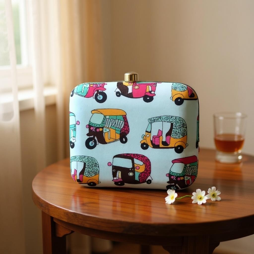 Indian Ethnic Designer Powder Blue Clutch with Auto Rickshaw Print