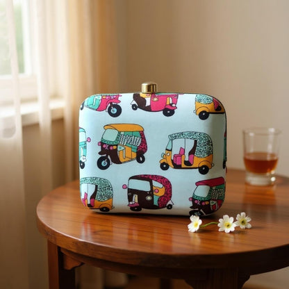 Indian Ethnic Designer Powder Blue Clutch with Auto Rickshaw Print