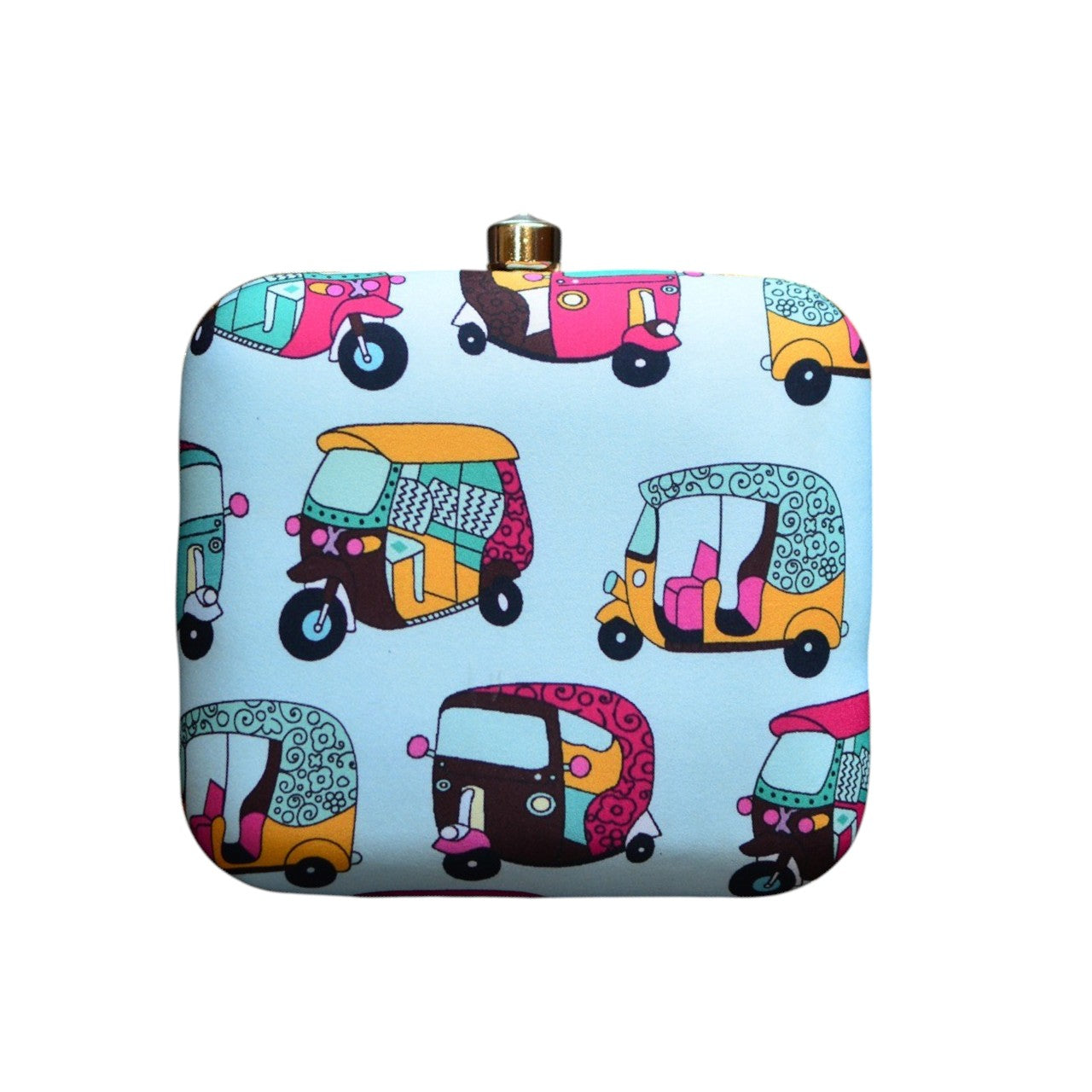 Indian Ethnic Designer Powder Blue Clutch with Auto Rickshaw Print