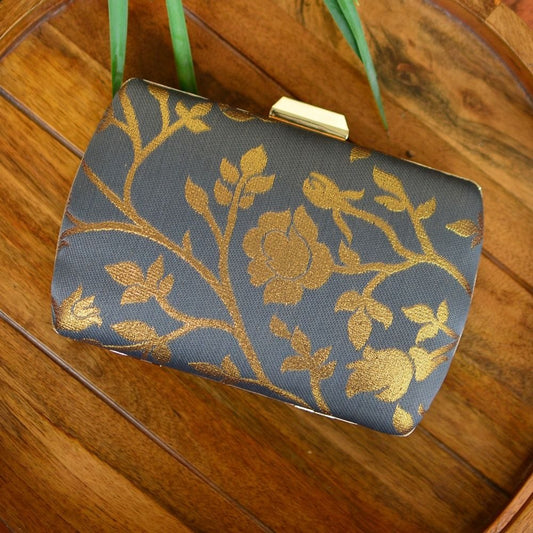 Indian Ethnic Designer Gray Clutch with Golden Floral Design