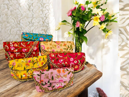 Embroidered Silk Clutch with Pearl Belt