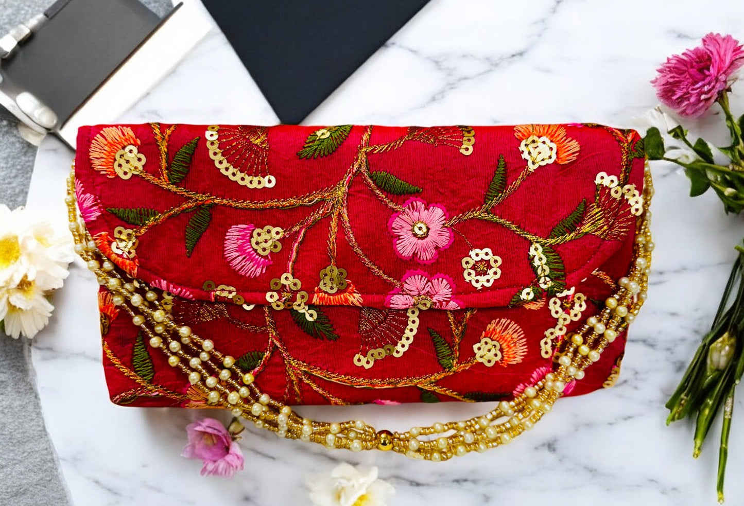 Embroidered Silk Clutch with Pearl Belt
