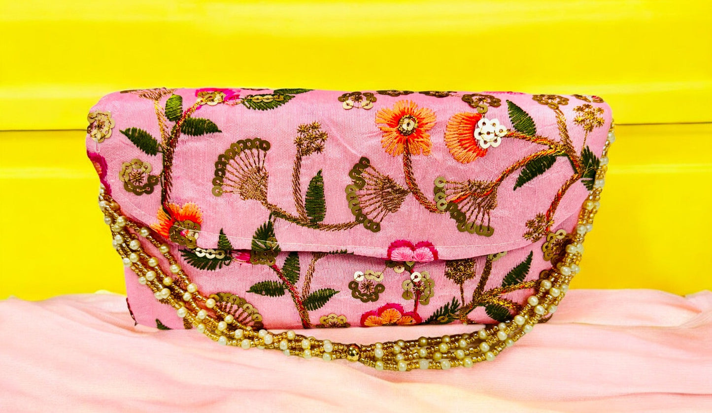 Embroidered Silk Clutch with Pearl Belt