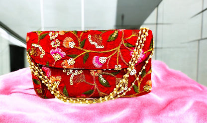 Embroidered Silk Clutch with Pearl Belt