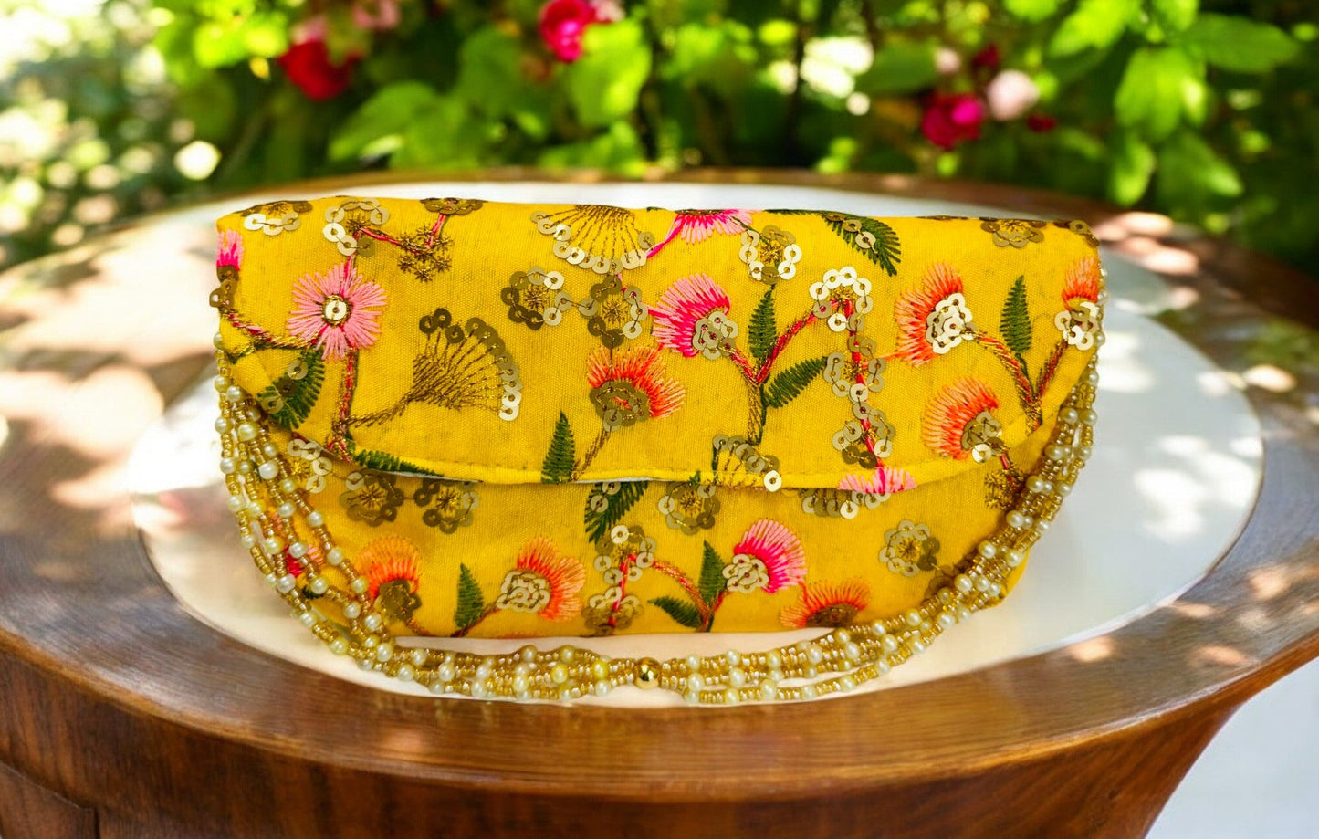 Embroidered Silk Clutch with Pearl Belt