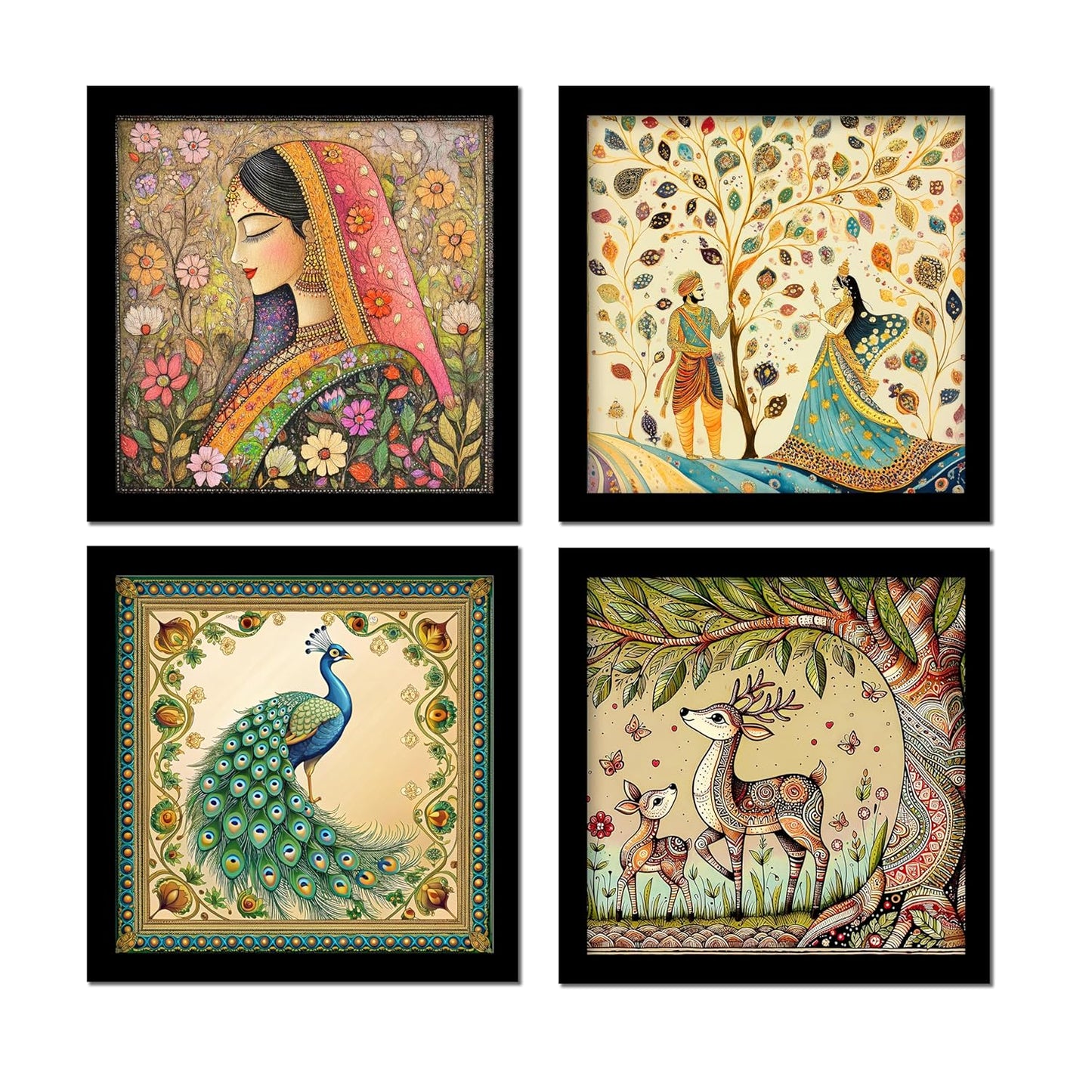 Set of 4 Art Framed Painting For Home, Living Room, Hall | Traditional Rajasthani Pichwai Art Paintings With Frame For Home Decor