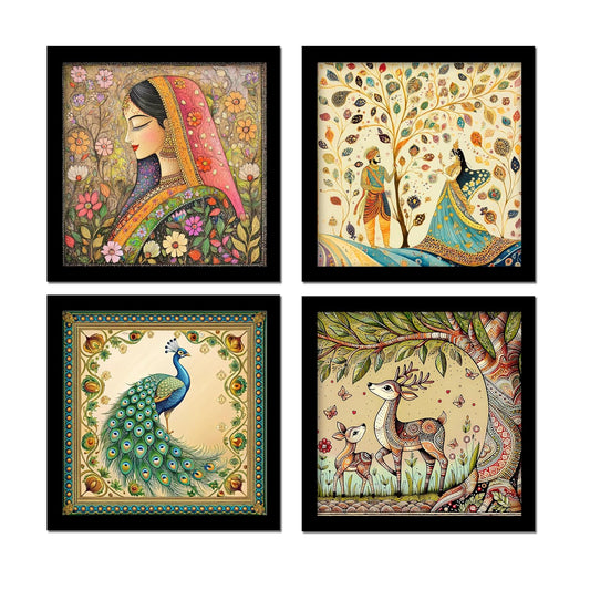 Set of 4 Art Framed Painting For Home, Living Room, Hall | Traditional Rajasthani Pichwai Art Paintings With Frame For Home Decor