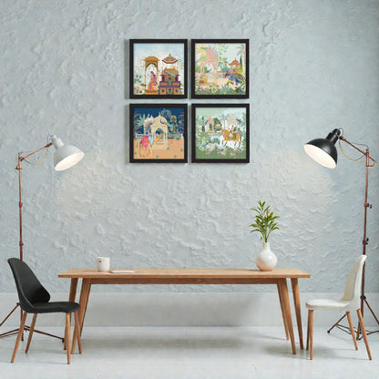 Set of 4 Art Framed Painting For Home, Living Room, Hall | Traditional Rajasthani Pichwai Art Paintings With Frame For Home Decor