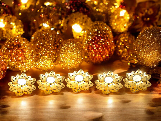 Metal Lotus Flower Diya Set - Illuminated