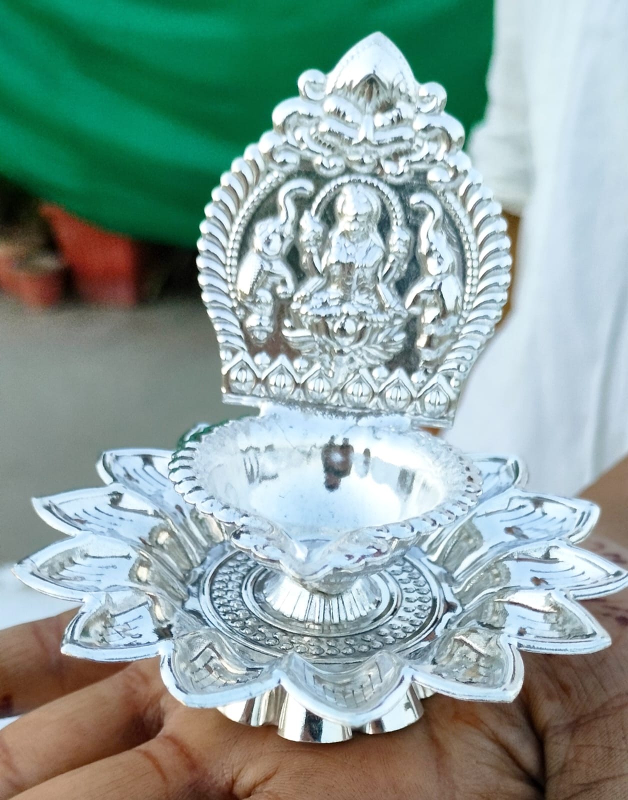 German Silver Laxmi on Lotus Diya with Stand