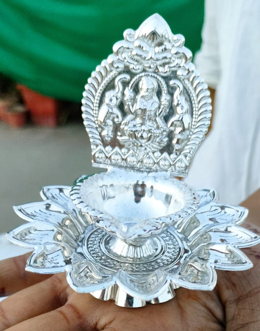 German Silver Laxmi on Lotus Diya with Stand