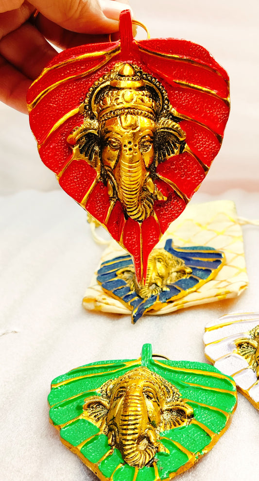 Set of 3 - Gold Plated German Silver Betel Leaf Hanging Ganesh with Enamel