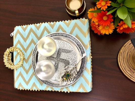 Antique Finish German Silver Tilak Thali Set with Chevron Gota Bag
