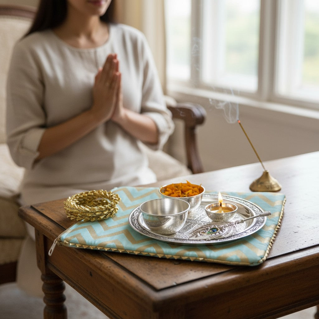 Antique Finish German Silver Tilak Thali Set with Chevron Gota Bag