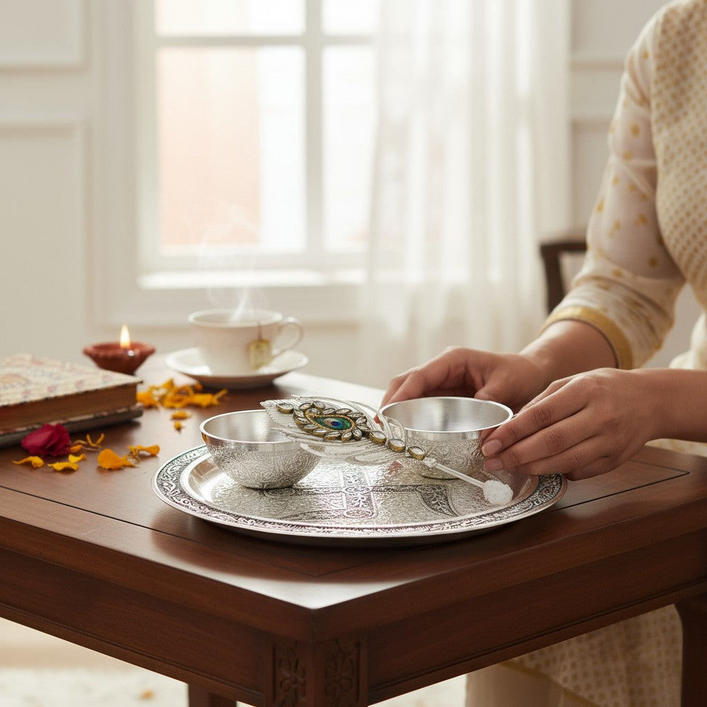 Antique Finish German Silver Tilak Thali Set with Chevron Gota Bag