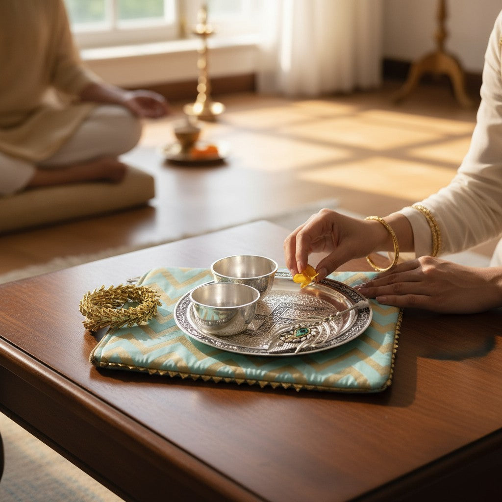 Antique Finish German Silver Tilak Thali Set with Chevron Gota Bag