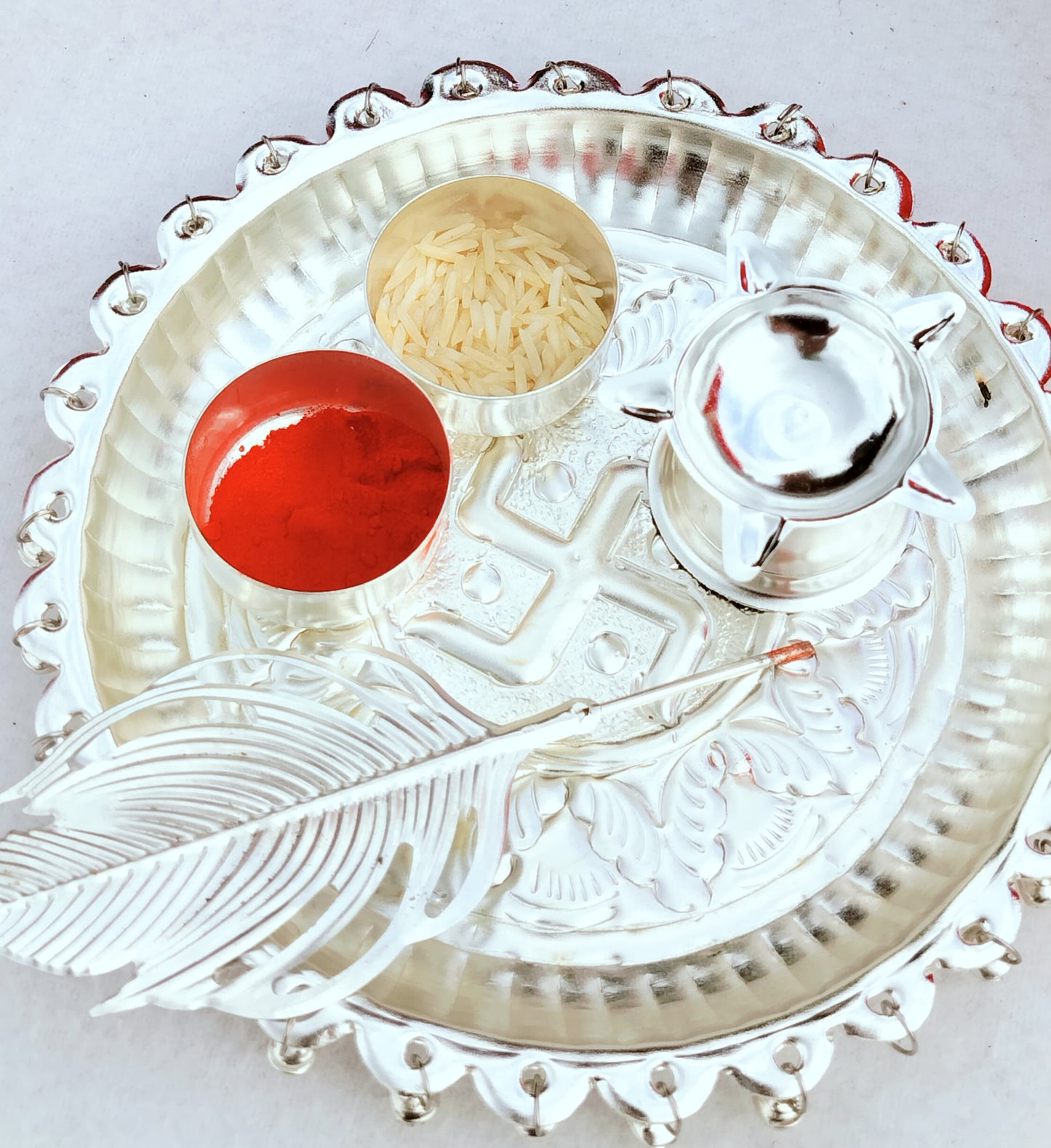 German Silver Ghungaru Aarti Thali Set with Tika Stick - Housewarming Gift/Hostess Gift