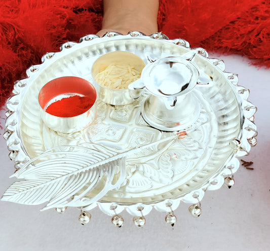 German Silver Ghungaru Aarti Thali Set with Tika Stick - Housewarming Gift/Hostess Gift