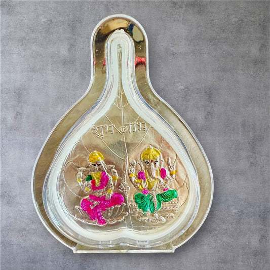 999 Pure Silver Betel Leaf or Paan Frame with Colored Laxmi Ganesha Design - Set of 5