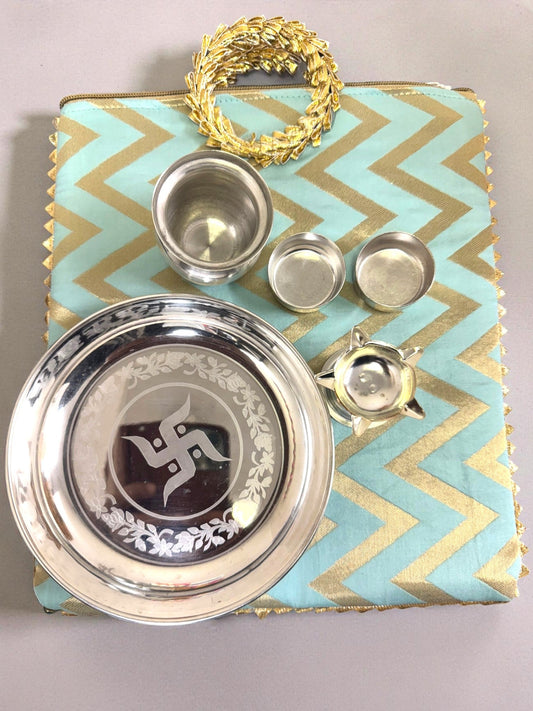 German Silver 5 Piece Thali set with Chevron Gota Bag