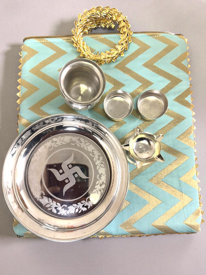 German Silver 5 Piece Thali set with Chevron Gota Bag