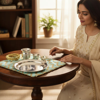 German Silver 5 Piece Thali set with Chevron Gota Bag