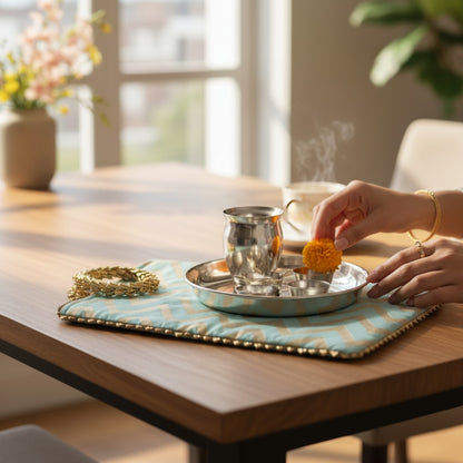 German Silver 5 Piece Thali set with Chevron Gota Bag