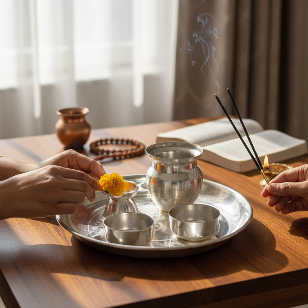 German Silver 5 Piece Thali set with Chevron Gota Bag